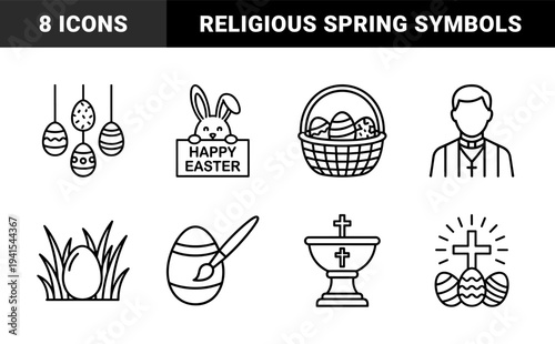 Easter holiday celebration and religious tradition symbols. Monolinear black and white pictograms featuring spring eggs, bunny, priest, and church motifs.