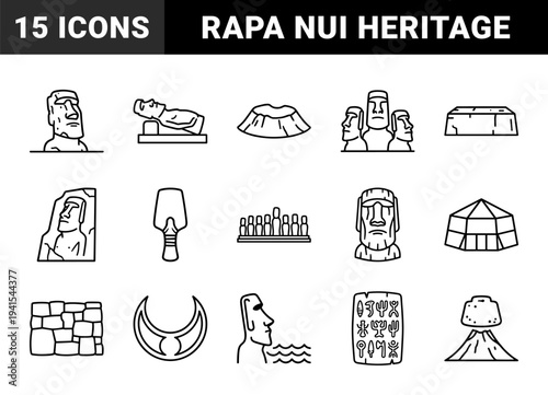 Easter Island Rapa Nui cultural landmarks and archaeological artifacts. Minimalist monoline pictograms of Moai statues, volcanic craters, and Polynesian heritage symbols.