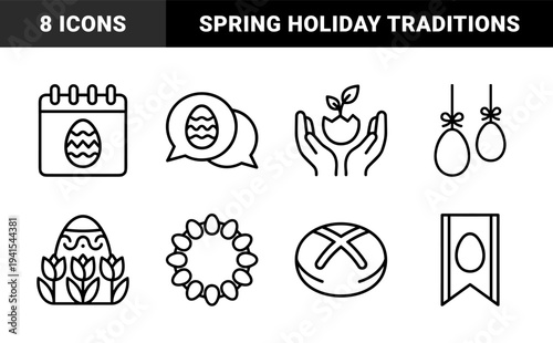 Easter holiday celebration and spring tradition elements in monoline style. Minimalist linear symbols featuring decorated eggs, hot cross buns, and floral growth.