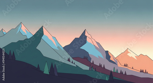 Stylized Mountain Range Landscape with Snow Peaks and Sunset Sky.