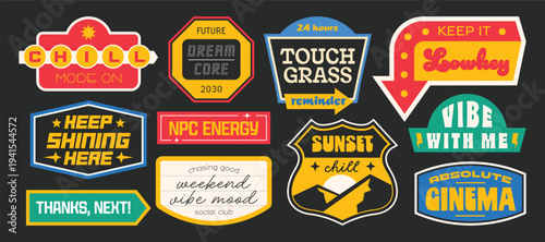 Retro trendy sign stickers, patchs, badges, labels collection. Future y2k art shape with quote and phrases.