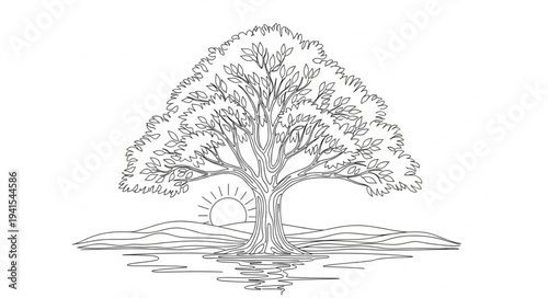 Detailed Illustration of a Large Tree with Branches and Foliage.