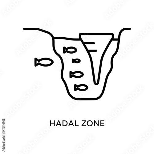 A line drawing illustrating the hadal zone of ocean depth, featuring a fish and various marine life forms in a dark, mysterious environment, perfect for educational or scientific use.