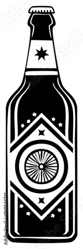 Craft beer bottle with detailed label, black and white vector graphic highlighting brewery details and beverage brand illustration for marketing materials