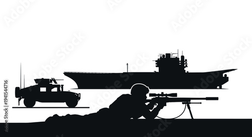 Sniper Aims From Cover Near Military Vehicle and Aircraft Carrier Silhouette