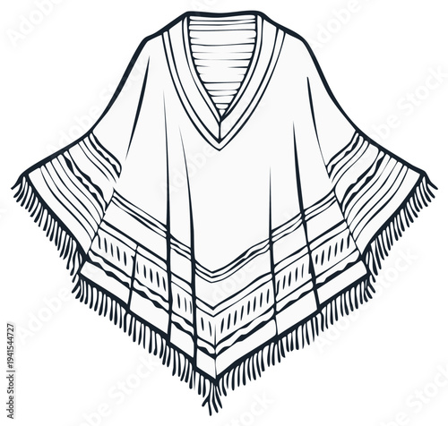 Elegant Line Art Illustration of a Traditional Poncho with Decorative Fringes and Textured V Neck