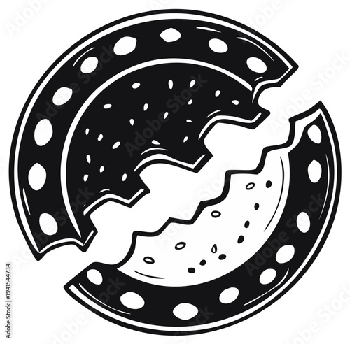 Broken pizza illustration. Black and white graphic of a pizza cut in half.