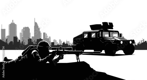 Sniper soldier aiming rifle, military vehicle, urban cityscape background, war concept