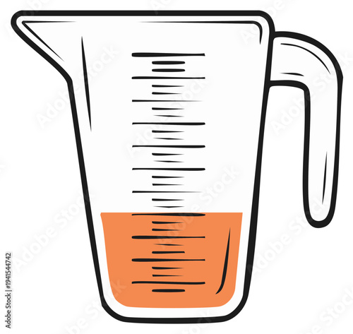 Illustration of a transparent measuring cup with orange liquid and measurement markings