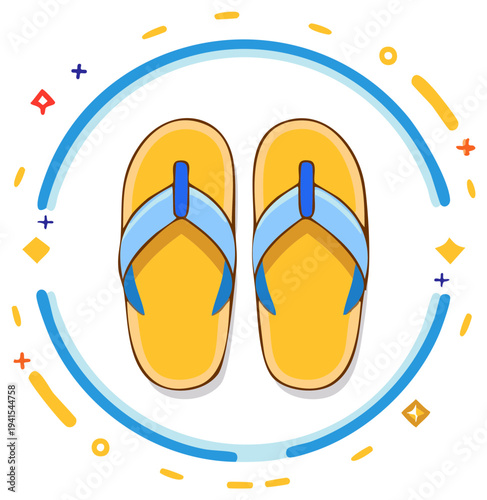 Bright yellow flip-flops with blue straps, framed by playful blue and yellow decorative elements