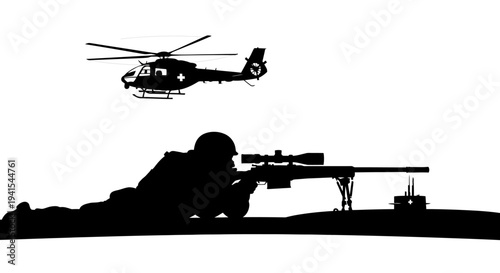 Sniper Soldier Aiming Rifle with Helicopter Overhead Silhouette