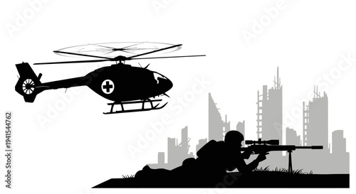 Sniper soldier aiming with rifle near destroyed city skyline and medical helicopter flying