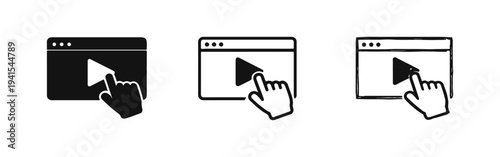 Video play button in browser window icon set. Hand clicking media player for online streaming and content.