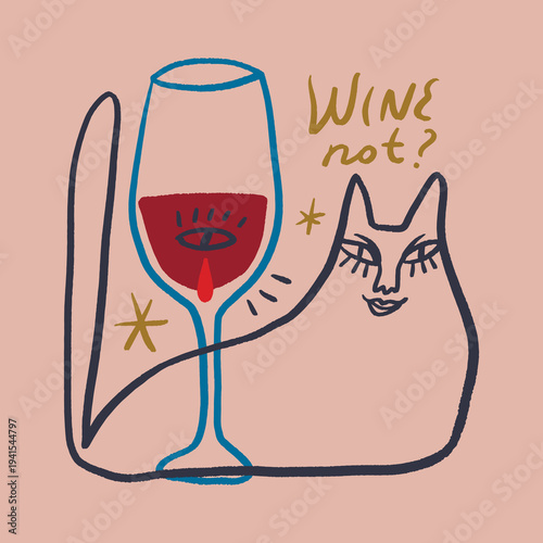 Wine Not Lettering Funny Sassy Cat Vector Clipart