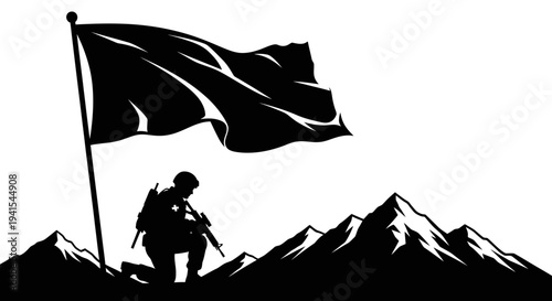 Soldier Kneeling Flag Mountains Silhouette Victory Patriotism Military Heroism