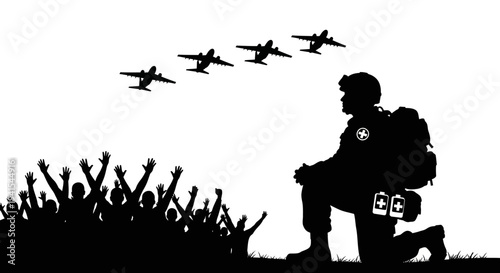 Soldier Kneeling, Crowd Cheering, Airplanes Flying Overhead - Military Support and Homecoming Concept