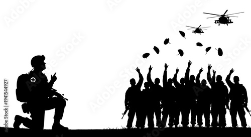 Soldier Kneeling, Troops Celebrate, Helicopters Drop Supplies, Military Aid, Desert Scene