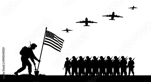 Soldier Planting American Flag with Air Force Jets Flying Overhead, Military Parade