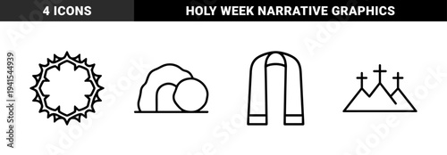 Easter holy week religious symbols in thick monoline style featuring crown of thorns empty tomb calvary crosses and stole for christian liturgy.