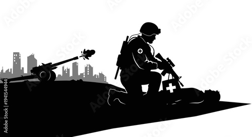 Soldier medic treating wounded soldier in war zone with artillery and city background