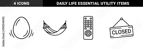 Lifestyle and leisure symbols in a minimalist monoline aesthetic featuring a shaking egg, outdoor hammock, closed sign, and media remote.