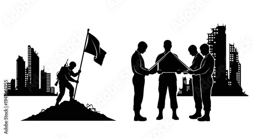 Soldier Raising Flag in Ruined City, Military Funeral Ceremony