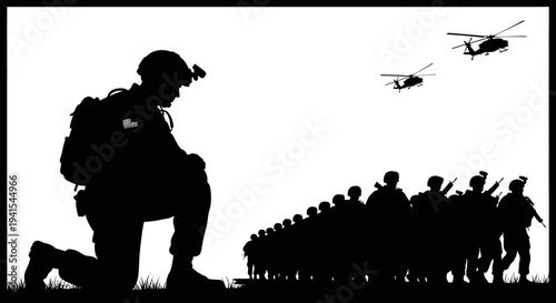 Soldier Kneeling, Troops Marching, Helicopters Flying - Military Operation Silhouette