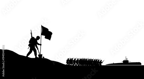 Soldier Planting Flag on Hilltop, Army Marching, Submarine Offshore - Victory and Warfare
