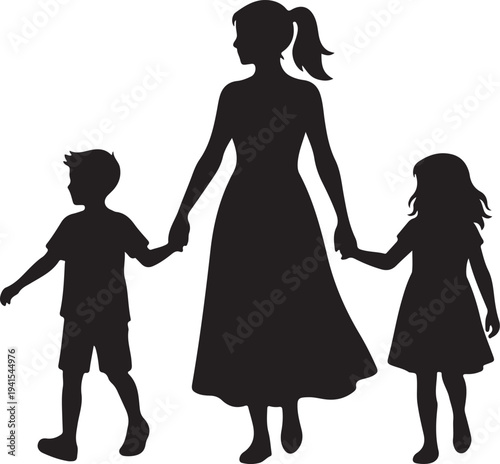 A woman and two children holding hands in silhouette