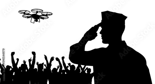 Soldier salutes drone flying over cheering crowd, military technology, surveillance, future warfare