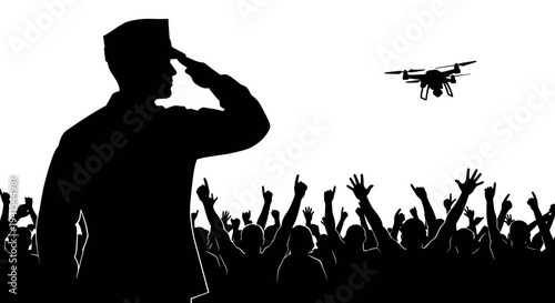 Soldier Saluting Drone Overhead Crowd Cheering Surveillance Technology Future Military