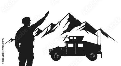 Soldier Saluting Military Humvee Against Mountain Landscape Silhouette
