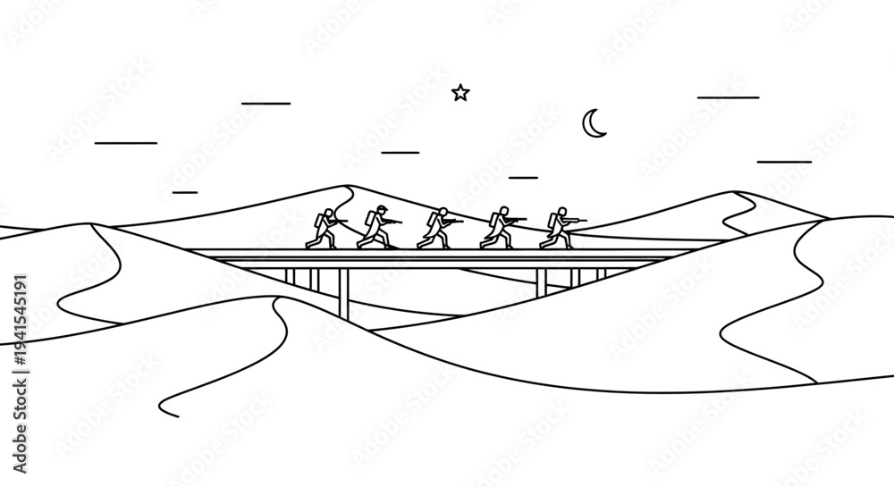 Naklejka premium Soldiers Crossing Desert Bridge Under Moon and Starry Sky