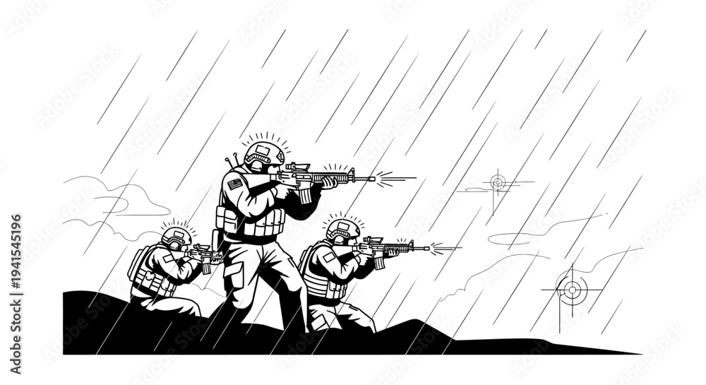 Obraz premium Soldiers in Rain Firing Rifles, Military Combat Scene, Dynamic Action