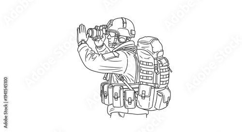 Soldier with binoculars, tactical gear, observing the surroundings