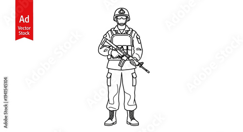 Soldier with Rifle, Military Uniform, Protective Gear, Standing Pose, Vector Illustration