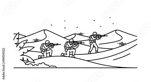 Soldiers advancing in a desert landscape with rifles, military operation, combat scene