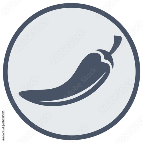 Stylized icon of a dark blue chili pepper inside a light gray circle against a white background
