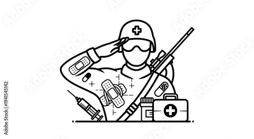 Soldier with Medical Symbols, First Aid Kit, Syringe, and Rifle - Military Healthcare Concept