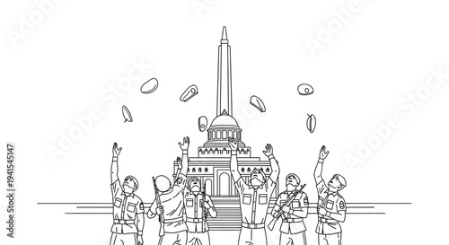 Soldiers Celebrate Victory Throwing Petals in Front of Monument