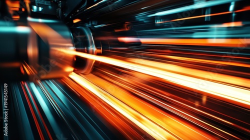 Vibrant Orange and Blue Light Streaks Blur Through Dark Abstract Space Conveying Incredible Speed