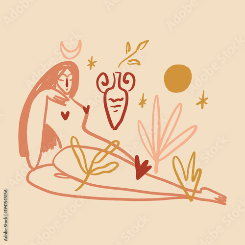 Boho sacred magic woman mystical symbol flat holistic healing meditation, reiki new age concept modern abstract silhouette divine feminine botanical silhouette vector moon child mystical mother earth