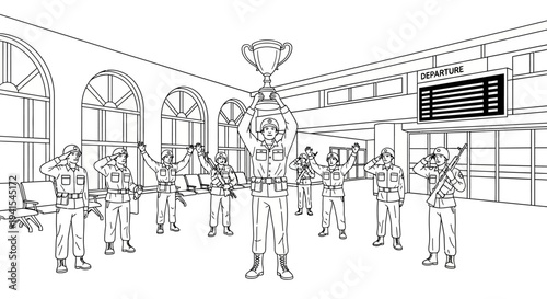 Soldiers Celebrate Victory with Trophy at Airport Departure Hall