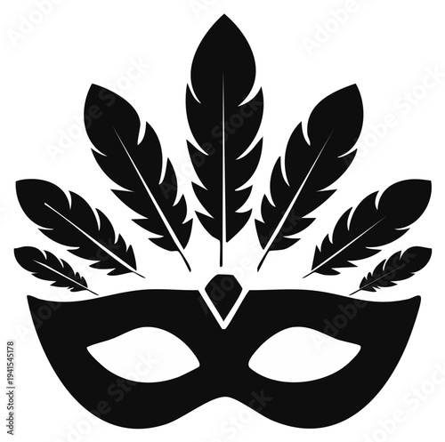 Elegant Venetian mask with feathers, monochrome, a classic carnival symbol, disguise element, mystery celebration, masquerade design