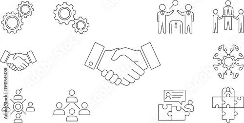 Set of 10 Outline Business Collaboration and Partnership Icons Vector, including Handshake, Gears, Teamwork, and Connection Symbols for Web and Marketing isolated PNG with Transparent Background