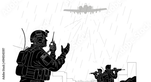 Soldiers in Rain with Attack Aircraft Overhead, Military Operation, Communication