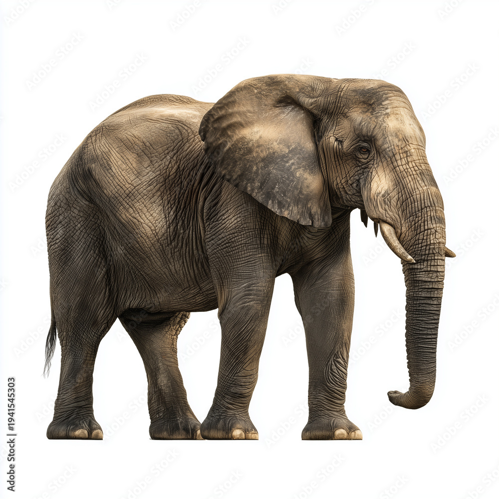 Fototapeta premium African elephant walking forward 2 – made with generative AI - white background - PNG
