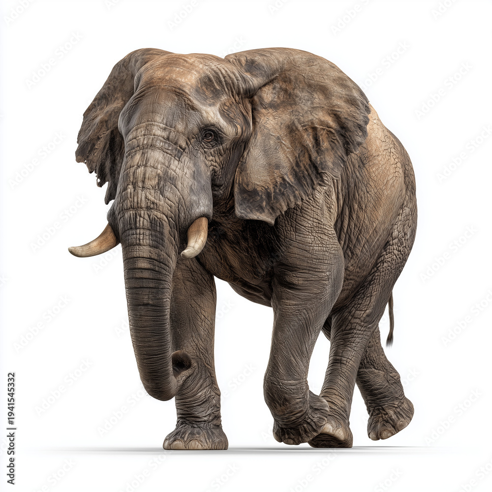 Obraz premium African elephant walking forward 1 – made with generative AI - white background - PNG
