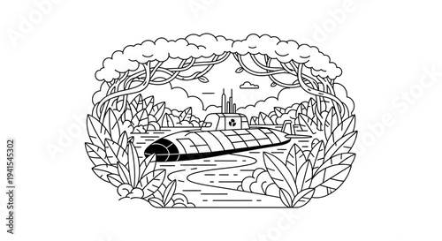 Submarine Navigating Through Lush Forest River, Outline Illustration