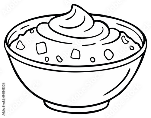 Simple cartoon drawing of a bowl of mashed potatoes topped with a swirl of sour cream